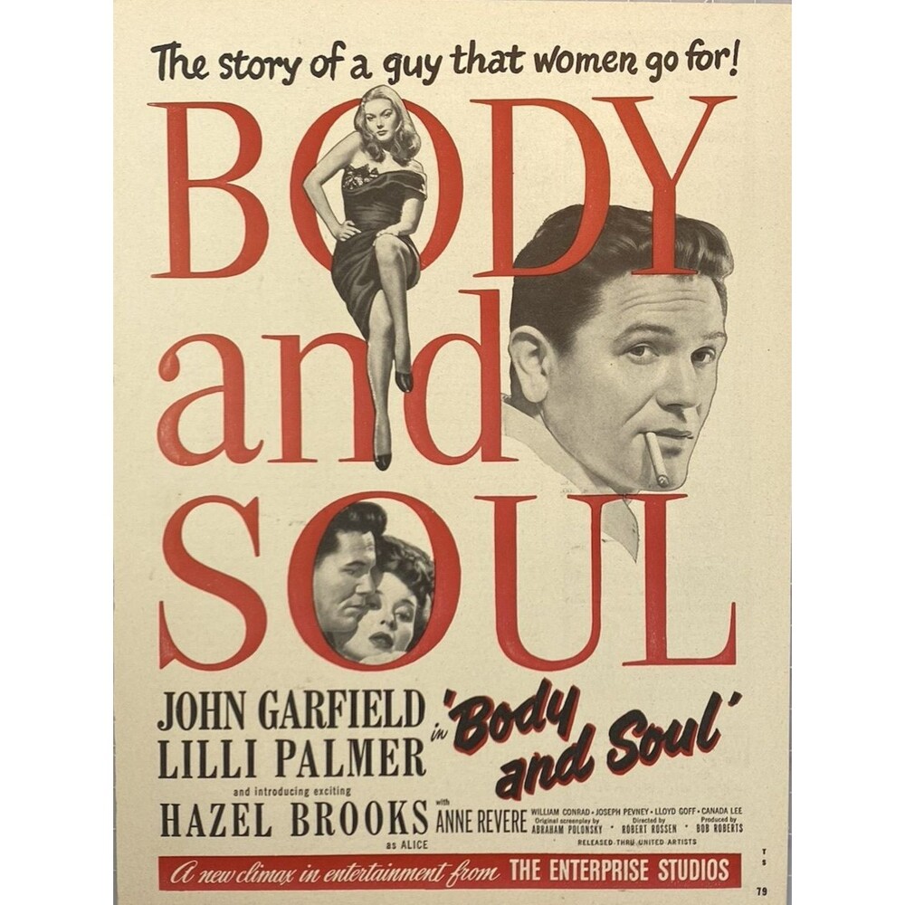United Artists "Body and Soul" John Garfield Lilli Palmer Hazel Brooks Ad 1947